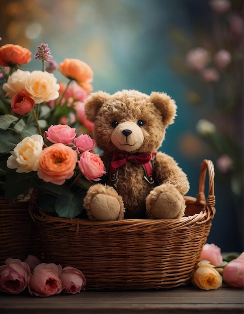 Ein cooler Teddybär im Stil sitzt auf einem Korb mit schönen lebendigen Blumen