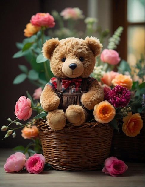 Ein cooler Teddybär im Stil sitzt auf einem Korb mit schönen lebendigen Blumen