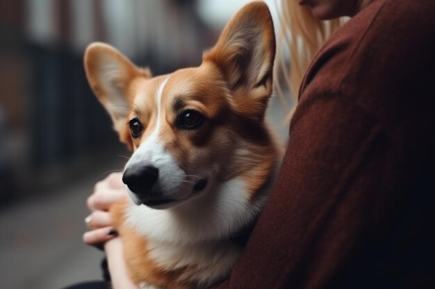 Ein Corgi-Hund in den Armen eines gesichtslosen Mädchens Das Konzept eines Mannes und eines Hundes, die Freunde werden