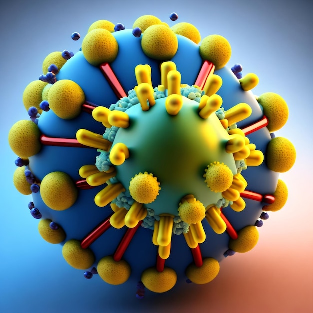 Ein Coronavirus-Modell wird mit einem blauen und gelben Hintergrund gezeigt.