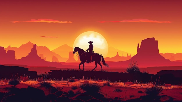 ein Cowboy auf einem Pferd im Sonnenuntergang