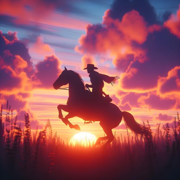 Ein Cowboy galloppiert in der Dämmerung auf einem Pferd durch ein goldenes Feld in einer atemberaubenden westlichen Sonnenuntergangsszene