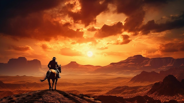 Ein Cowboy reitet auf einem Pferd vor der Kulisse eines wunderschönen Sonnenuntergangs