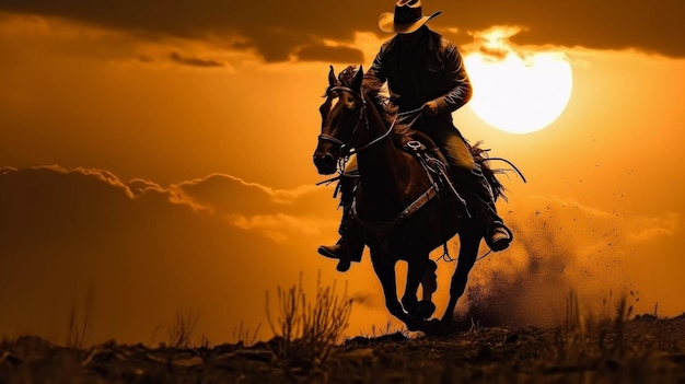 Ein Cowboy reitet auf einem Pferd vor der Kulisse eines wunderschönen Sonnenuntergangs