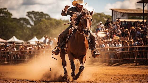 ein Cowboy reitet vor einer Menschenmenge auf einem Pferd.