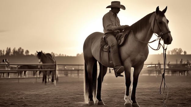 Ein Cowboy sitzt auf einem Pferd in einer Koppel.