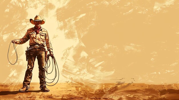 Foto ein cowboy steht in der wüste mit einem lasso, er trägt einen hut, einen roten bandana und einen waffengürtel, er schaut in die ferne.