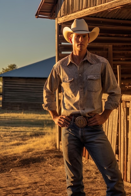 Foto ein cowboy steht vor einer scheune mit einem gebäude im hintergrund.