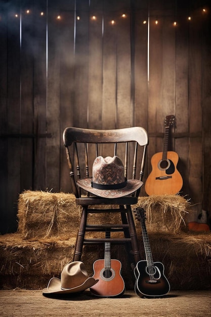 ein Cowboyhut sitzt in einem Schaukelstuhl neben einer Gitarre