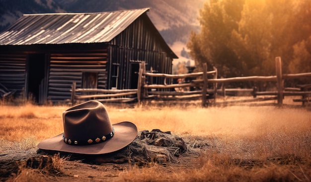 Ein Cowboyhut und ein Cowboyhut auf einem Baumstamm neben einer alten Scheune