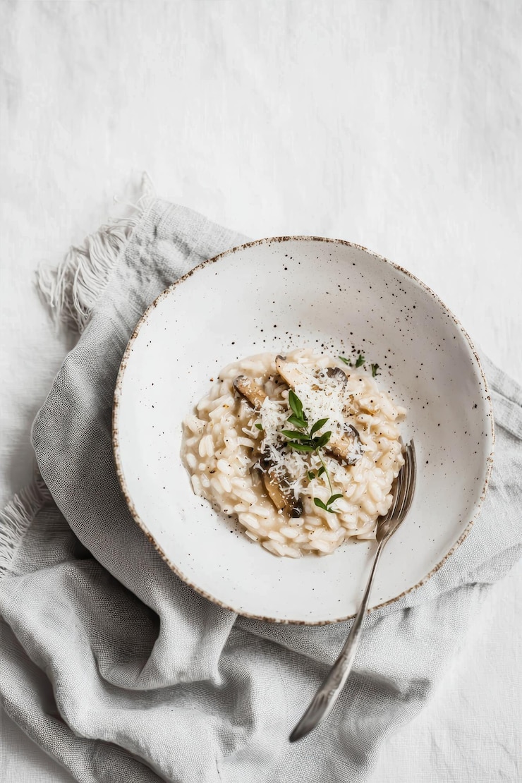 Foto ein cremiger risotto mit pilzen, der in einer rustikalen schüssel mit frischen kräutern serviert wird, verbessert das speiseerlebnis in einem minimalistischen hintergrund