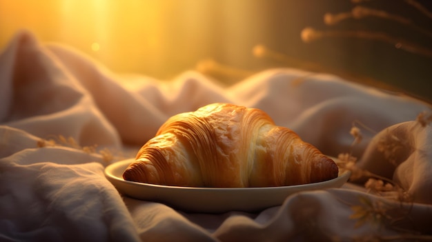 Ein Croissant auf einem Bett mit einer Decke und darauf scheint die Sonne.