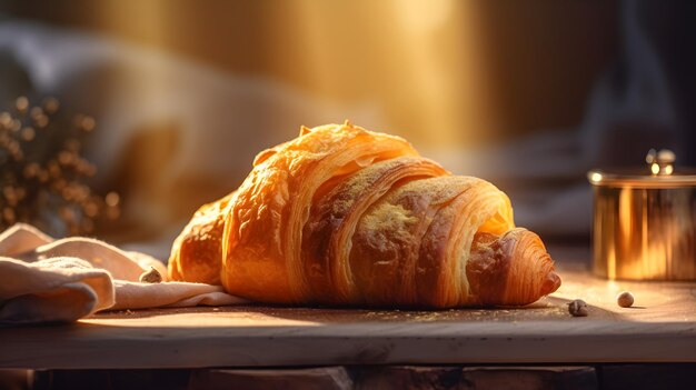 Ein Croissant liegt auf einem Tisch und wird von einem Licht angestrahlt.