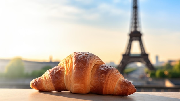 Ein Croissant liegt auf einem Tisch vor einem Turm.