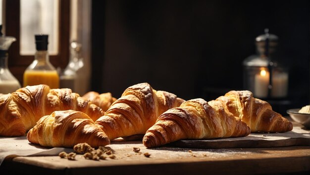 ein Croissant mit Croissanten auf einer Holzoberfläche