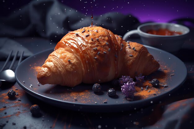 Ein Croissant mit einer Tasse Tee und einer Heidelbeersauce.