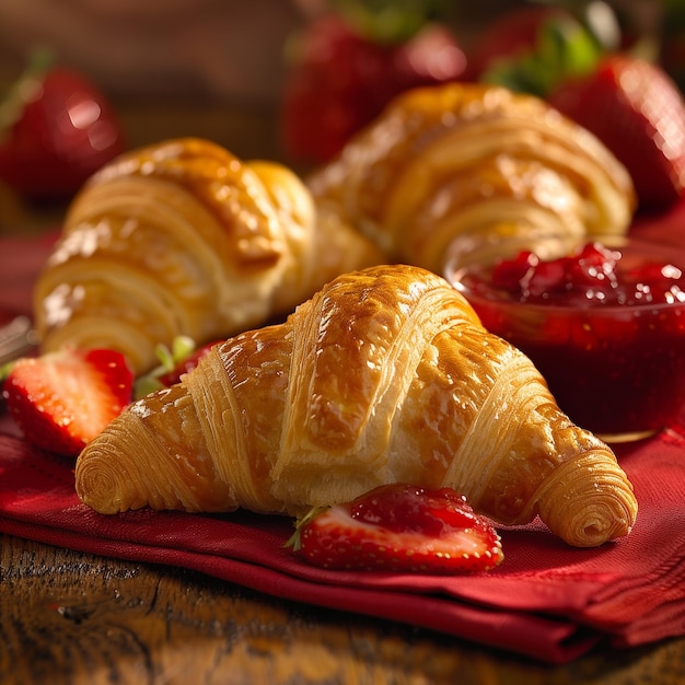 ein Croissant mit Erdbeeren und Erdbeeren auf einem Tisch