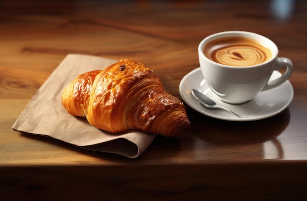 ein Croissant mit Kaffee und Kaffee steht auf einem Tisch