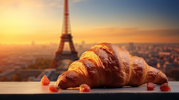 ein Croissant und eine Stadt im Hintergrund