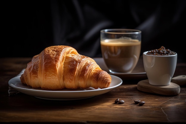 Ein Croissant und eine Tasse Kaffee auf einem Tisch