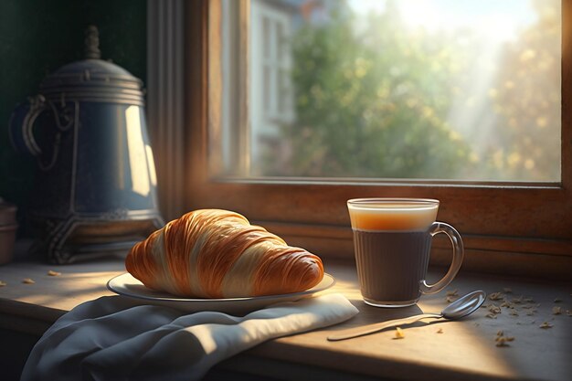 Foto ein croissant und eine tasse kaffee stehen auf einer fensterbank.