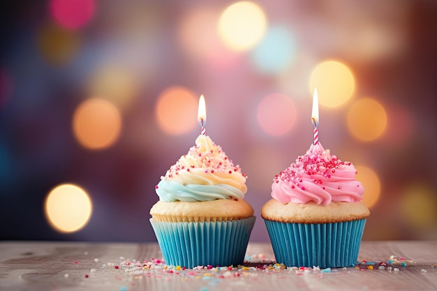Ein Cupcake in einem farbenfrohen Zuckerguss-Piepser-Glanzkern in rosa-blauer Pastellfarbe, Party und Geburtstag magisch mit Bokeh-Hintergrund