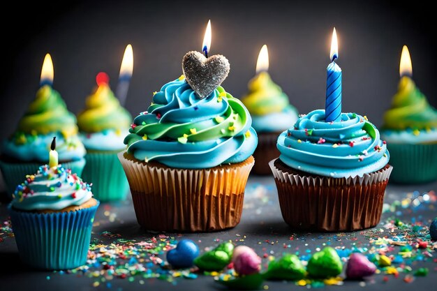 Foto ein cupcake mit blauem glasur und einer herzförmigen kerze