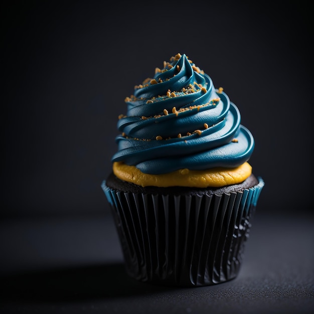 Ein Cupcake mit blauem Zuckerguss und einer Prise Zucker darauf.