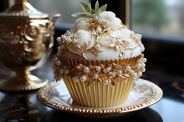 Ein Cupcake mit Blumen sitzt auf einem Teller.