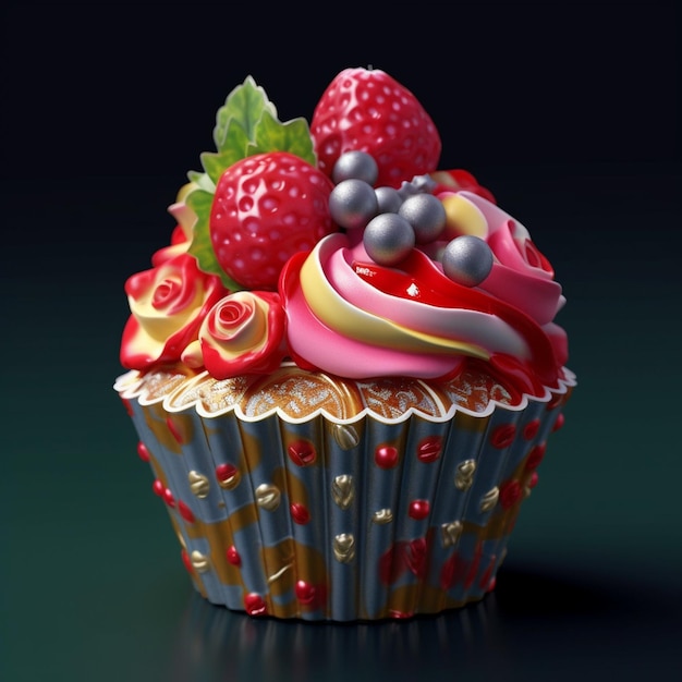 Ein Cupcake mit buntem Zuckerguss und Beeren darauf.