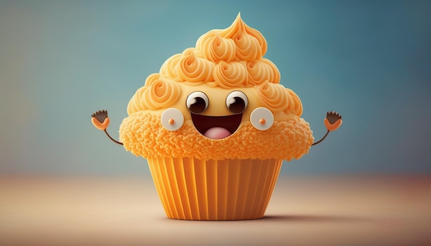 Ein Cupcake mit einem Gesicht, auf dem alles Gute zum Geburtstag steht