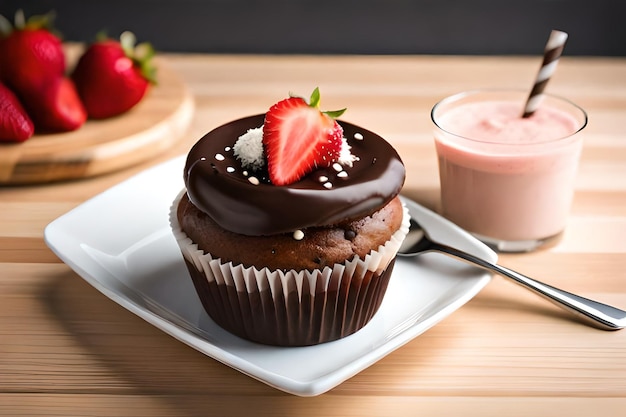 Ein Cupcake mit einer Erdbeere darauf neben einem Glas Milch.