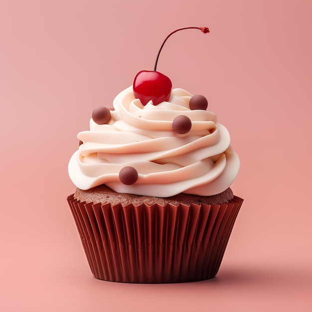 ein Cupcake mit einer Glasur und einer Kirsche auf rosa Hintergrund