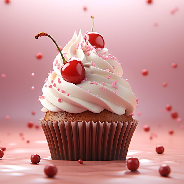 ein Cupcake mit einer Glasur und einer Kirsche auf rosa Hintergrund