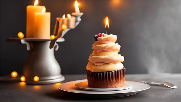 Foto ein cupcake mit einer kerze darauf und einer kerze im hintergrund