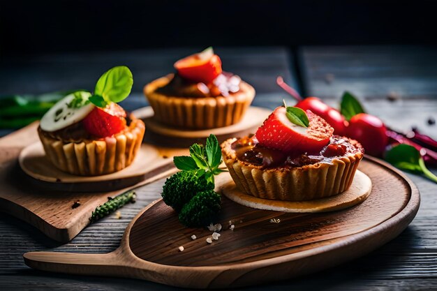 ein Cupcake mit Erdbeeren auf einem Holzbrett