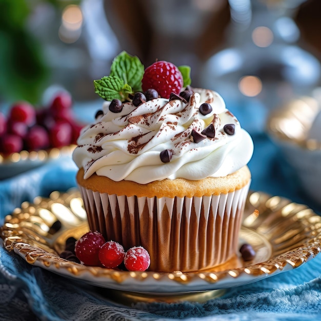 Ein Cupcake mit Frischkäse-Frosting und einer Himbeere obendrauf.