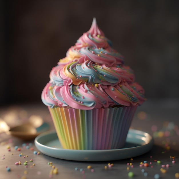 Ein Cupcake mit Regenbogenglasur und Regenbogenstreuseln darauf