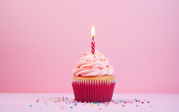 ein Cupcake mit rosa Glasur und einer Kerze darauf