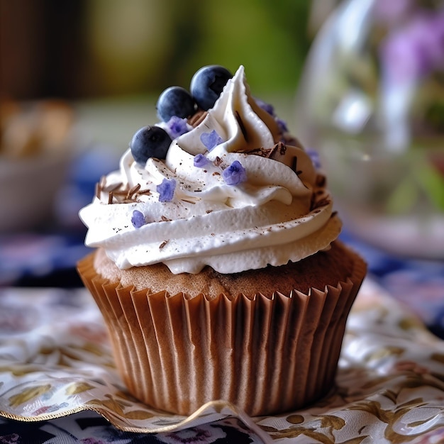 Ein Cupcake mit Sahne und Blaubeeren obendrauf