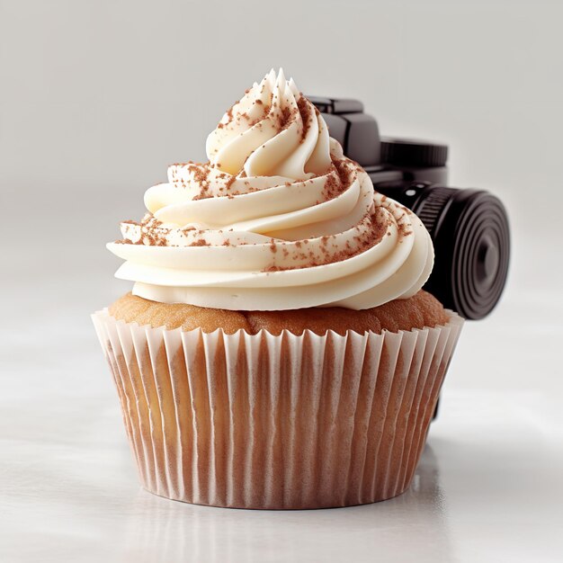 Ein Cupcake mit Schlagsahne und einer Kamera auf einem Tisch.