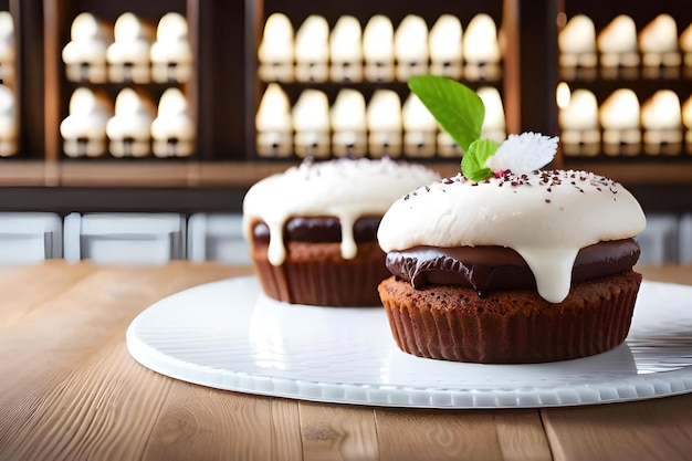 Ein Cupcake mit Schokoladenglasur und einem grünen Blatt oben drauf.