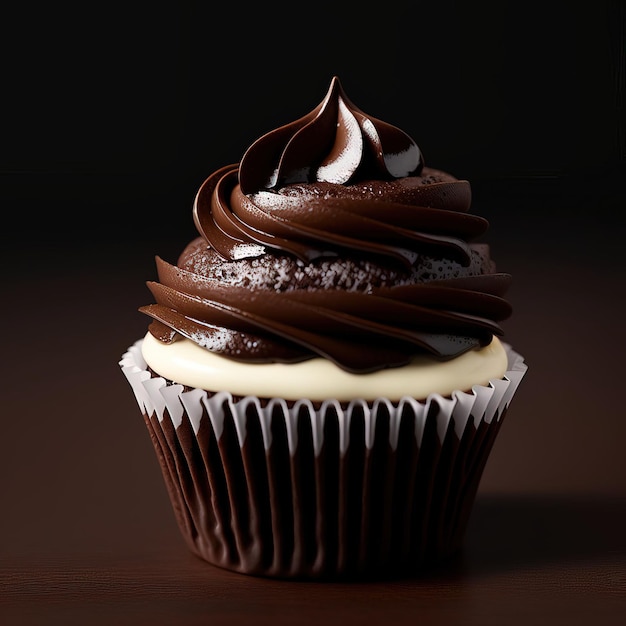 Ein Cupcake mit Schokoladenglasur und einem Schokoladenglasur.