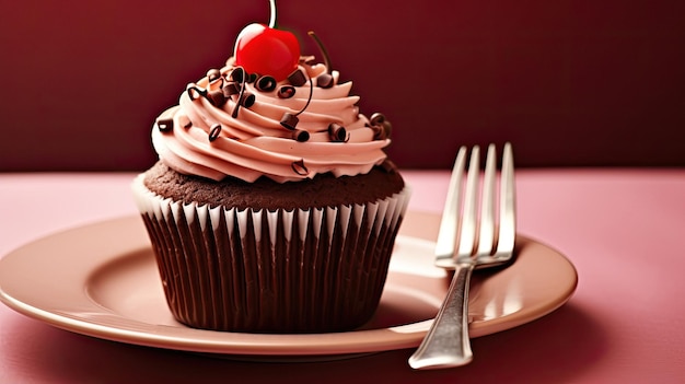 Ein Cupcake mit Schokoladenglasur und einer Kirsche obendrauf.
