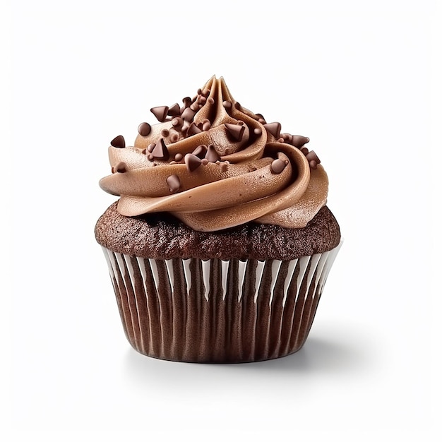 Ein Cupcake mit Schokoladenglasur und einer Prise Schokoladenstückchen.