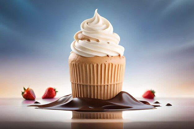 Ein Cupcake mit Vanilleglasur und einer Erdbeere obendrauf.