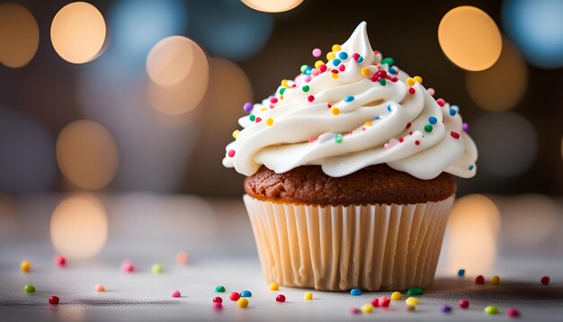 Ein Cupcake mit weißem Glasur und Sprinkles darauf