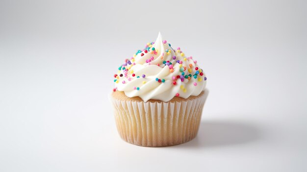 Ein Cupcake mit weißem Zuckerguss und Streuseln darauf