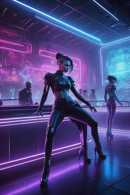 Ein Cyberpunk-Nachtclub mit Neonlichtern, holographischen Tänzern und elektronischer Musik