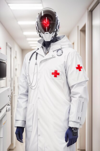 Ein Cyborg, der eine weiße Arztuniform mit rotem Kreuz auf der Vorderseite trägt